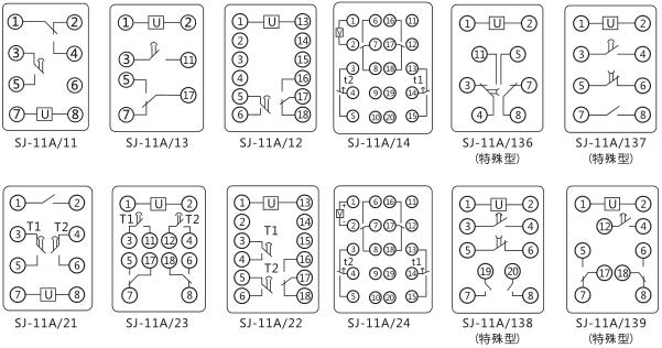 SJ-11A/137集成電路時(shí)間繼電器內(nèi)部接線圖及外引接線圖片