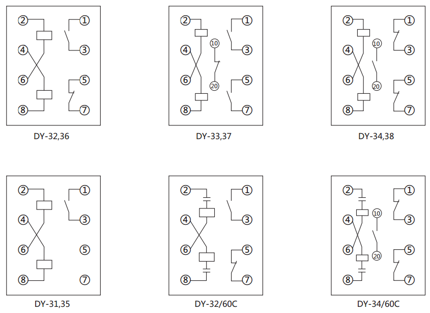 DY-31電壓繼電器內(nèi)部接線(xiàn)圖及外引接線(xiàn)圖(背視圖)